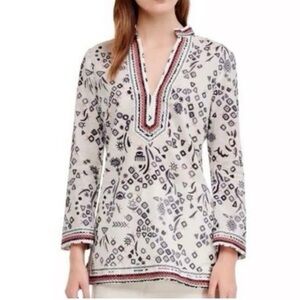 TORY BURCH  Cotton Printed Tunic style v-neck embellished neck, cuffs & hem sz 2